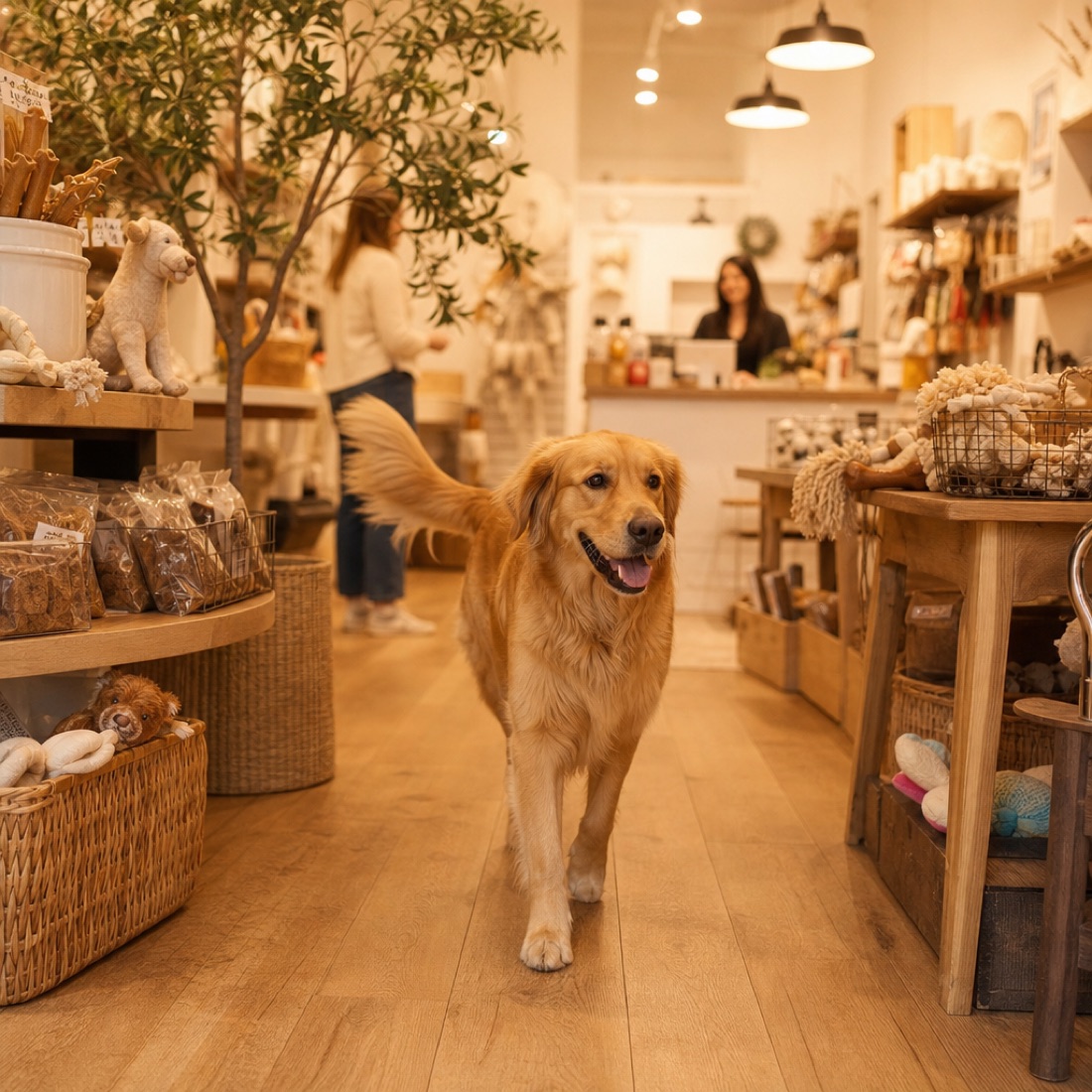 A warm, welcoming neighborhood pet shop interior with a happy dog exploring off-leash