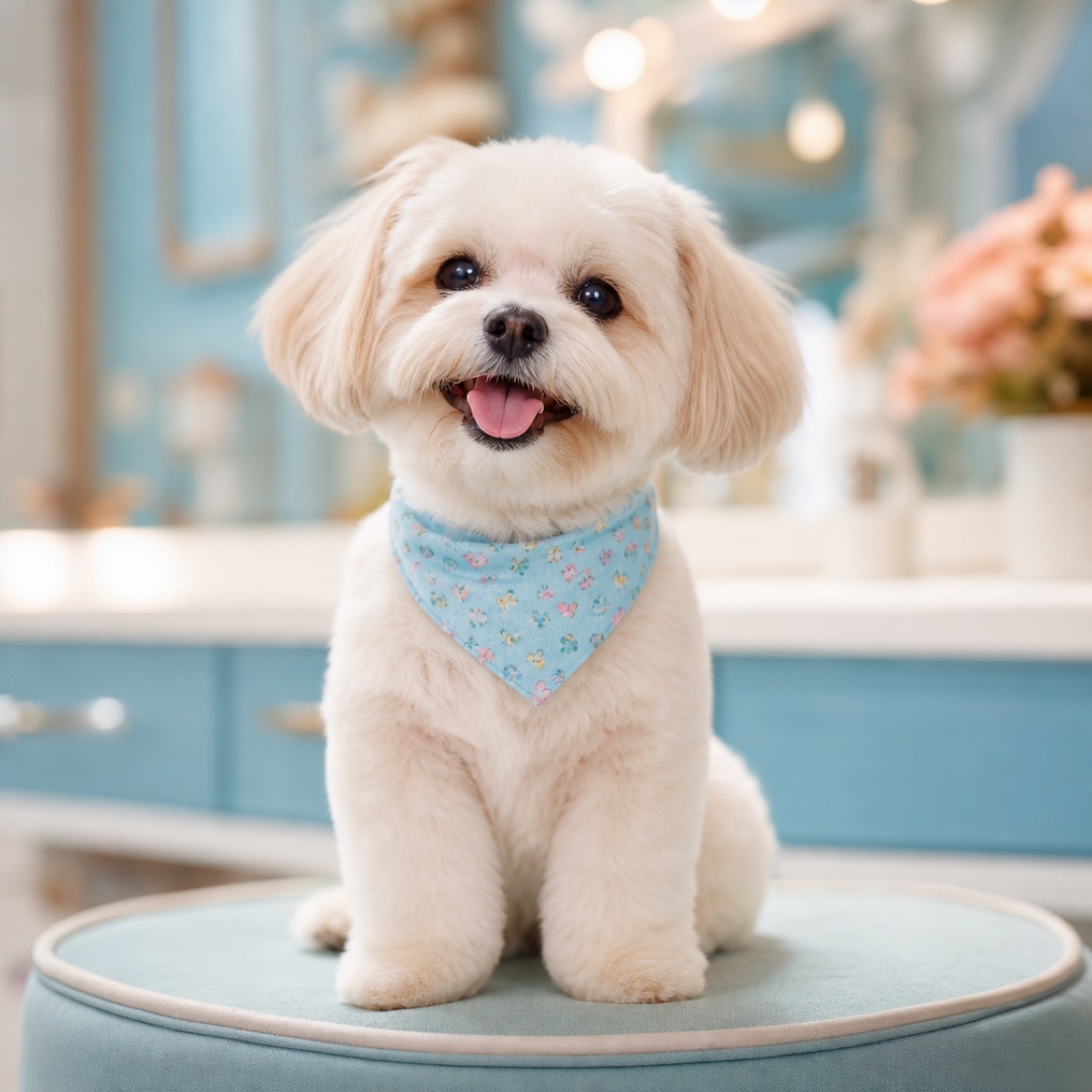 An adorable freshly groomed fluffy dog wearing a small bandana, looking proud after a spa visit