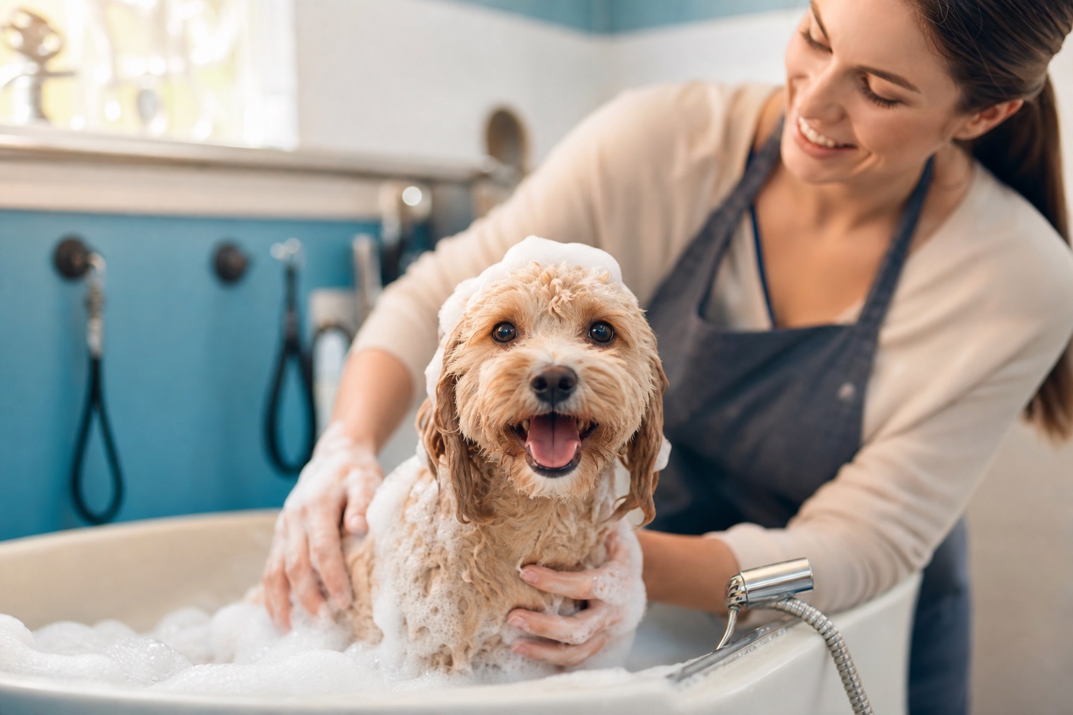 A happy fluffy dog being gently bathed in a bright dog-wash station, covered in soft suds
