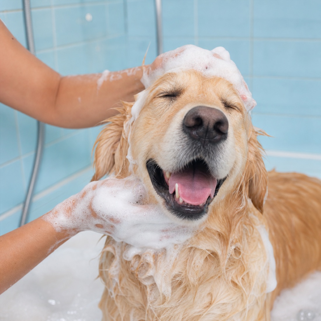 A joyful golden retriever covered in suds during a self-serve bath in a bright station