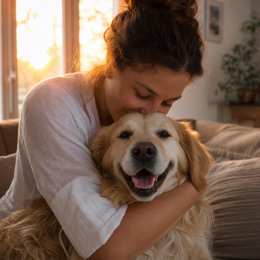 A person warmly hugging their happy dog in soft golden evening light
